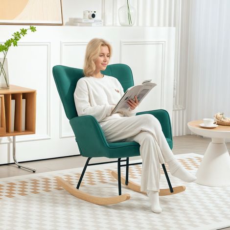 Fauteuil à bascule, revêtement en velours, structure en acier, 71 x 98 x 101 cm, vert. (1/5)