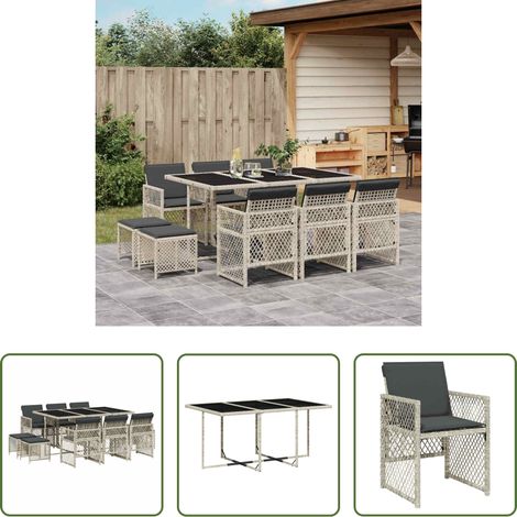 vidaXL Table de jardin -  Ensemble à manger de jardin 11pcs avec coussins gris poly rotin (1/5)