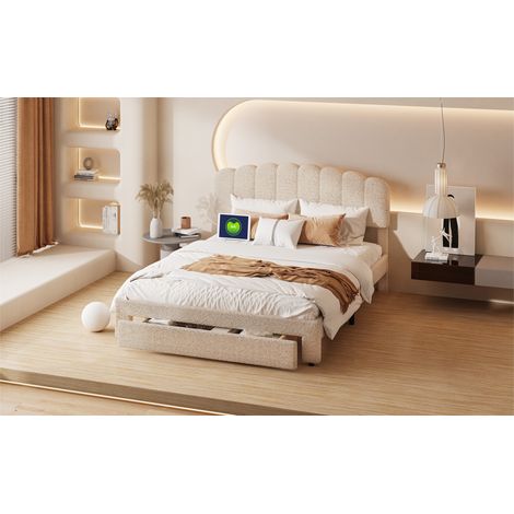 Lit double 160x200 cm, Tissu teddy beige, Tête de lit réglable avec ports USB, 1 tiroir de rangement à roues, Sommier à lattes (1/5)