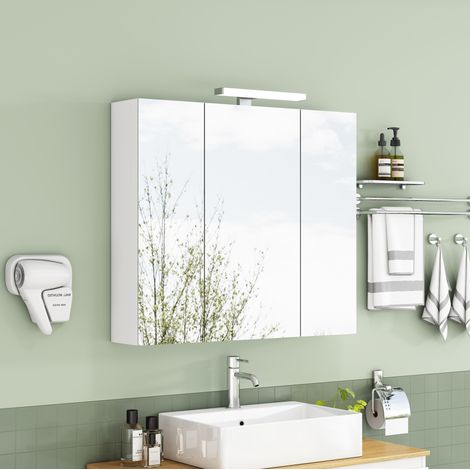 Armario espejo de baño suspendido 80 cm blanco, 3 puertas, LED y enchufe francés OKWISH (1/5)