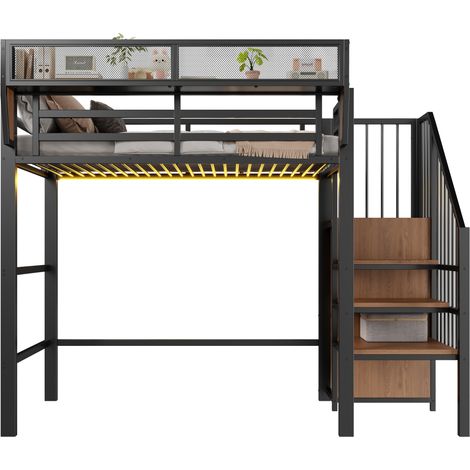 Lit mezzanine 90x200 en métal noir avec éclairage LED, échelle et étagères. Lit mezzanine pour adulte et enfant, idéal petit espace. (1/5)