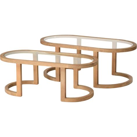 Set de 2 Tables Basses ovales en Bois Naturel et Verre 47 x 122 x 61 cm (1/3)