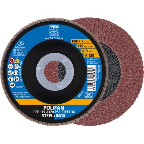 PFERD TOOLS POLIFAN Fächerscheibe PFF 115x22,23 mm flach A120 Uni.-Linie PSF STEELOX Stahl/Edelstahl 10 Stk