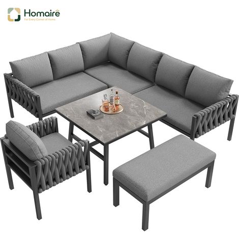 HOMAIRE Gartenmöbelset Seil mit verzinktem Eisengestell, verstellbaren Beinen, Ecksofa, gehärteter Glas Tischplatte und Sitz-Rückenkissen grau (1/5)