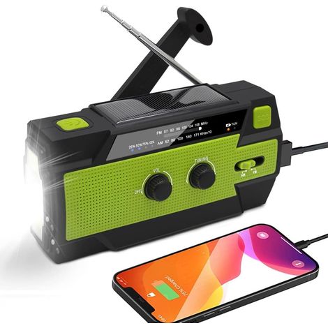 Radio solaire AM/FM/NOAA, radio à manivelle, radio d'urgence portable rechargeable par USB avec batterie externe de 4000 mAh et lampe torche LED (verte)