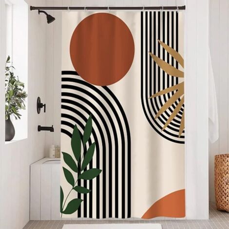 Rideau de Douche Abstrait en Polyester Anti-Moisissure et Étanche, Motif Géométrique Terre Cuite avec Lignes Noires, Lavable en Machine, 120 × 180 cm, avec Crochets Inclus (1/4)