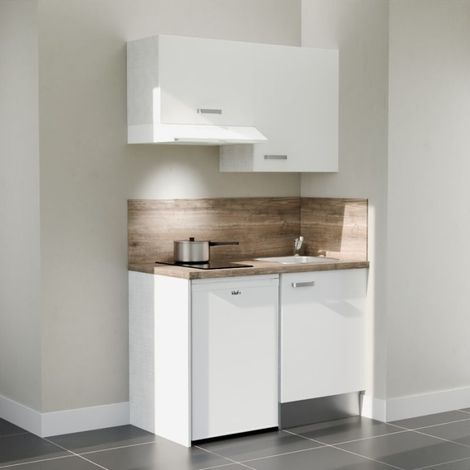 Kitchenette K01L-PT - 120 cm avec plan de travail et évier, emplacements frigo et hotte - Façade Blanc - Plan Bois - Evier Inox - Crédences Oui