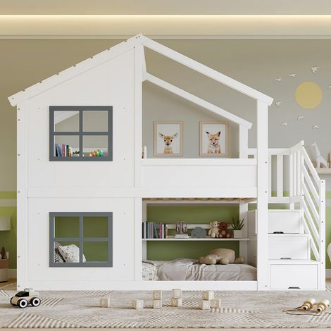 Lit superposé pour enfants 90 x 200 cm, avec fenêtre et auvent, armoire à trois niveaux en escalier, blanc et gris (1/5)
