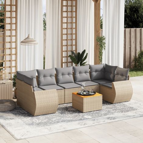 Ensemble Salon Jardin 8 Places Résine Tressée Beige avec Coussins Gris - Mobilier Extérieur Modulaire Table Acacia (1/5)