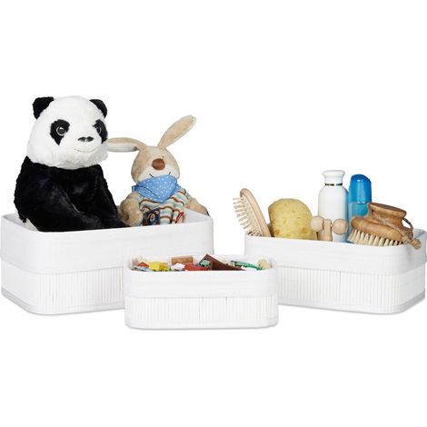 Relaxdays Storage Basket 4 Sets of 3, Fabric Lining, Bamboo, Rectangular, Bathroom & Bedroom Accessories, Toys, White