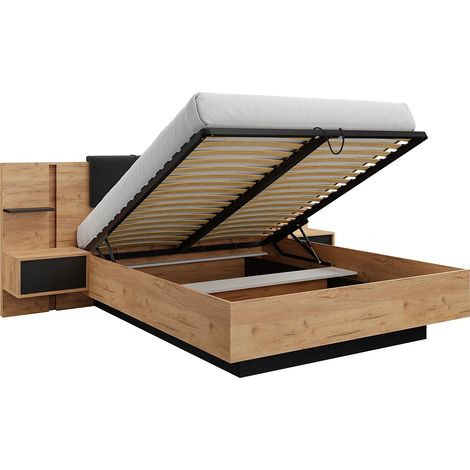 Letto con contenitore con comodini - con LED - 160 x 200 cm - Naturale e Antracite - ELYNIA (1/5)