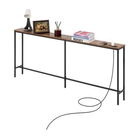 schmaler Konsolentisch Eingangstisch (178 cm Länge) mit Steckdosen, 1-stufiger Flurtisch Beistelltisch Sofatisch mit Metallrahmen & Ladestation, für Eingangsbereich Flur Wohnzimmer (1/5)