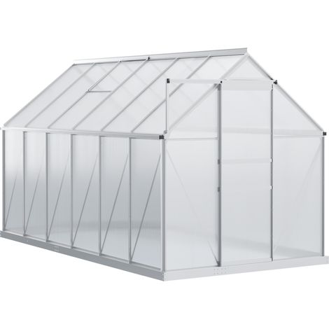 Outsunny Polycarbonat-Gewächshaus 7,1 m² (1,9 m L x 3,75 m B x 1,99 m H) mit Fundament, verstellbarer Dachlüftung und Schiebetür – Silber und Transparent