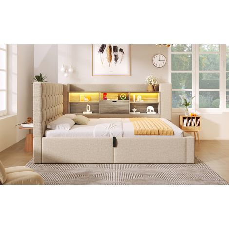 letto contenitore 90x200 LED USB beige salvaspazio HAVRYA (1/5)