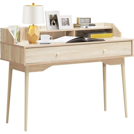 COSTWAY Schreibtisch Computertisch mit Schublade, 110 cm Bürotisch aus Massivholz, PC-Arbeitsplatz Konsolentisch für Arbeitszimmer & Büro & Wohnzimmer Natur