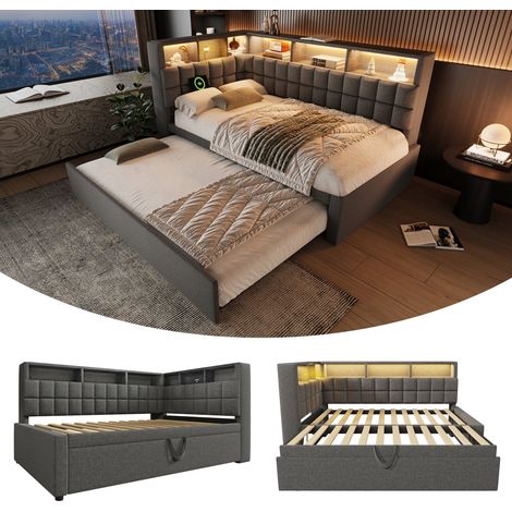 Lit capitonné en lin 90x200,lit gigogne 90x190,LED,enceinte Bluetooth,ports USB et Type-C,tête de lit en L avec rangement,canapé-lit,gris,sans matelas (1/5)