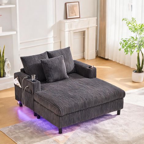 Chaiselongue relax gris foncé avec LED et ports USB en corduroy (1/5)