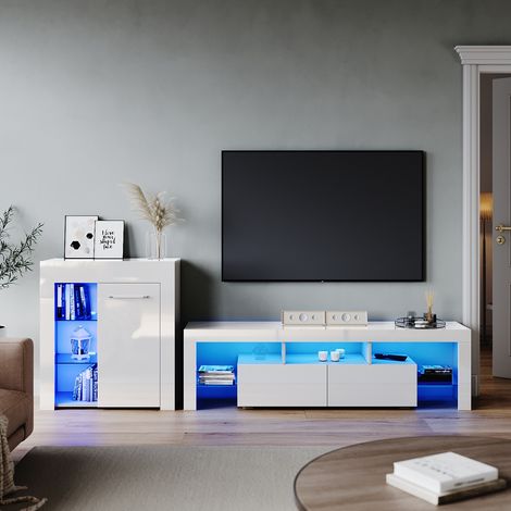 ELEGANT High Gloss 1600mm TV Stand Cabinet Sideboard Display Cabinet with RGB LED Lights Storage Unit White Living Room Set 4 (1/5)