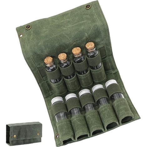 Reise-Gewürzbeutel – Tragbarer Gewürzaufbewahrungsbeutel – Bietet Platz für 9 Gewürzgläser – Faltbarer Canvas-Beutel – Ideal für Camping, Partys und Grillabende – 19,5 x 10,5 x 6,5 cm – Armeegrün