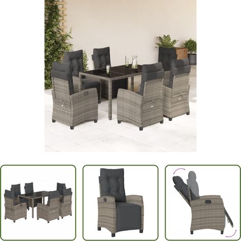 Gartenstuhl - 7-tlg. Garten-Essgruppe mit Kissen Grau Poly Rattan (1/5)