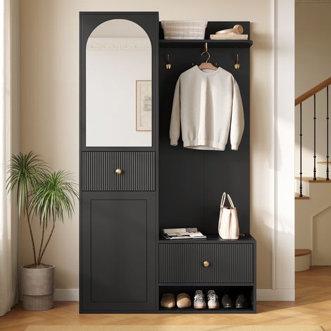 Mueble de recibidor 100 x 35 x 175,5 cm con espejo arqueado, ganchos dorados, frentes acanalados, cajones de almacenaje, estilo moderno, MDF, negro (1/5)