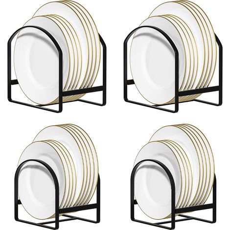 Lot de 4 grands supports de rangement pour assiettes verticales en métal pour placard et comptoir, antidérapant et antirouille - Noir (1/5)