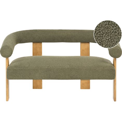Sofá 2 plazas retro salón tapizado de bouclé patas de madera verde y marrón claro Ilbro