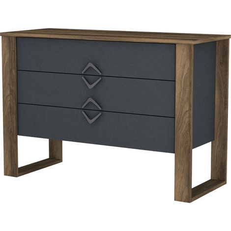 Cotecosy – Commode 3 tiroirs en bois de noyer mélaminé – Dimensions L110 x P44,8 x H76 cm – Coloris foncé et anthracite – Fabrication européenne (1/5)