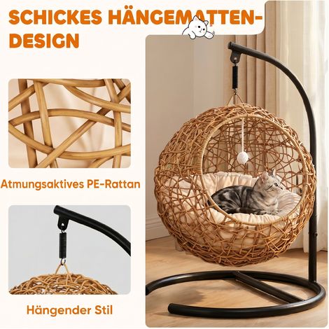 Rattan-Katzenlöffel, Katzenhaus mit herausnehmbarem Kissen und Spielball, für Katzen bis 10 kg, 45 x 41 x 75 cm, hellbraun. (1/5)