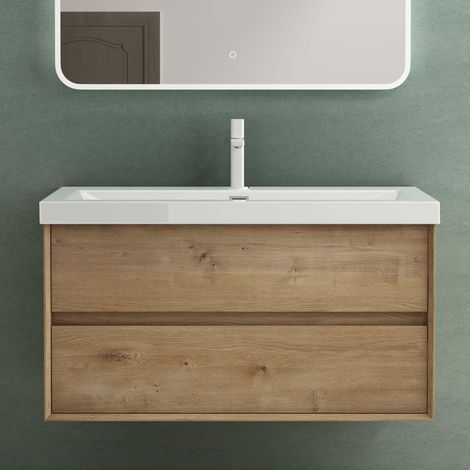 Mai & Mai Badmöbelset Badezimmermöbel Waschbeckenunterschrank 2 Schubladen mit Soft-Close inkl. Waschbecken aus Mineralguss Kerneiche 100 cm Rimo (1/5)