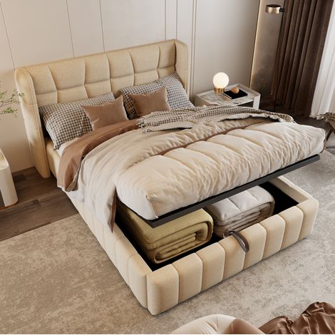 Bettgestell 140x200 cm Beige aus Stoff mit Stauraum und gepolstertem Kopfteil (1/5)