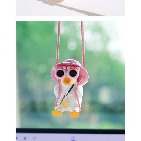 Ciondolo per auto a forma di paperella rosa (1 pezzo) - Graziosa decorazione per specchietto retrovisore (rosa) - Paperella di pompelmo con cappello rosa (1/2)