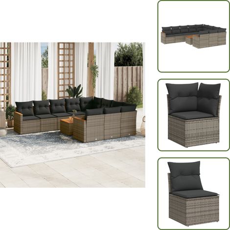 11-tlg. Garten-Sofagarnitur mit Kissen Grau Poly Rattan - Gartenmöbel Set - Outdoor Lounge - Rattan Gartenset - Esstisch - Sofasatz (1/5)