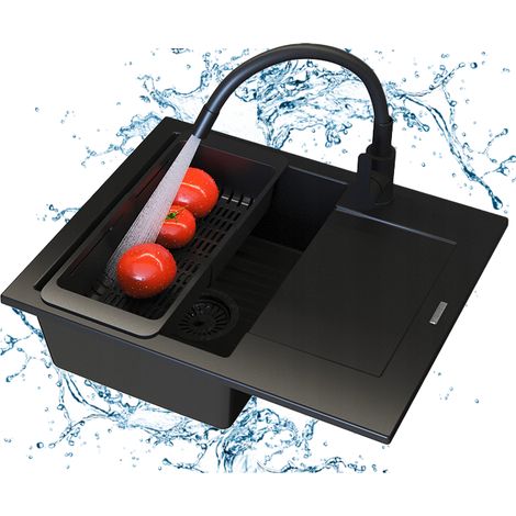 Évier cuisine en granit 1 bac avec égouttoir gauche 57 x 47 cm noir, kit avec mitigeur Grado Plus, siphon, égouttoir télescopique et produit d'entretien, Bello (1/5)