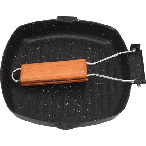 Poêle à frire pliante d'extérieur, usage domestique, manche en hêtre, revêtement antiadhésif à rayures, économie d'énergie, idéale pour les steaks et les grillades, 20 x 20 cm (1/5)