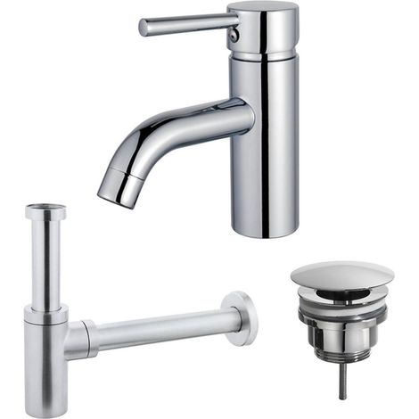 FugaFlow Eccelente Sobrado Kit mitigeur lavabo - robinet bas - bonde nonobturable - siphon design - Chrome brillant (1/4)