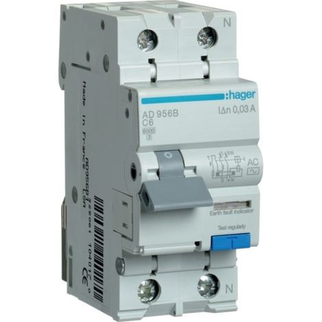 AD956B DISJONCTEUR DIFFÉRENTIEL HAGER 1P+N 6A 30MA 6KA TYPE AC - À DROITE - AUXILIARISABLE ADC956D