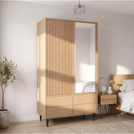 Armadio 2 ante con specchio 90 x 45 x 200 cm effetto rovere OKWISH (1/5)