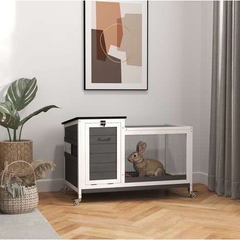Clapier à lapins en bois avec enclos, roues et toit ouvrant, 92 x 52 x 67 cm, gris foncé HAVRYA (1/4)