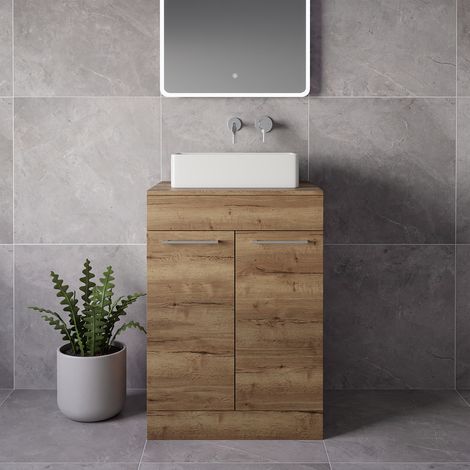 Napoli 460 Tobacco Oak 600mm 2 Door Vanity Unit for Countertop Basins - 600mm - Chrome 160mm Handle