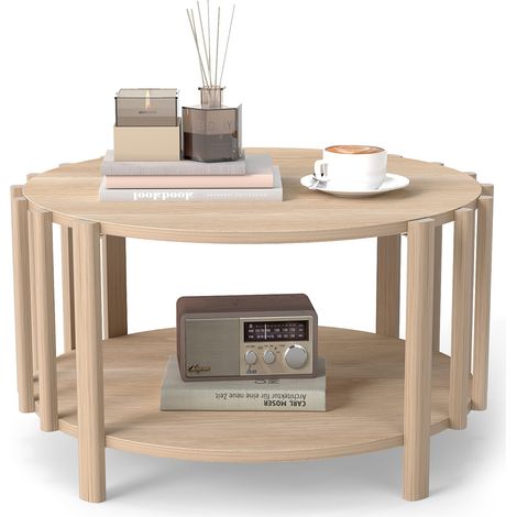 Table basse ronde moderne minimaliste en bois, 2 étagères de rangement latérales pour salon, décoration maison (1/5)