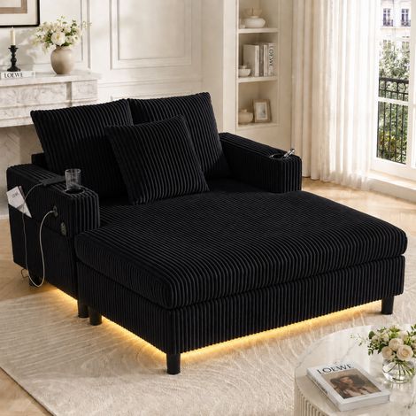 Méridienne Chaise longue Canapé-lit 1 place en velours côtelé, avec éclairage LED multicolore, ports USB, porte-gobelet, cadre métal, charge 350 kg, noir