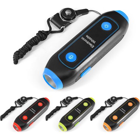 4 fischietti elettronici a batteria, regolabili, 3 toni, suono potente, volume elevato, con cordino. Colori: arancione, rosso, blu, verde e giallo. (1/5)