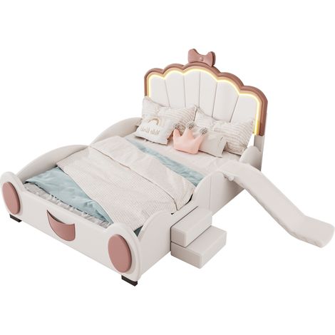Cama Infantil 140 x 200 cm de PU y MDF con LED Ajustable, Pequeños Peldaños y Tobogán, sin Colchón, Rosa y Blanco (1/5)