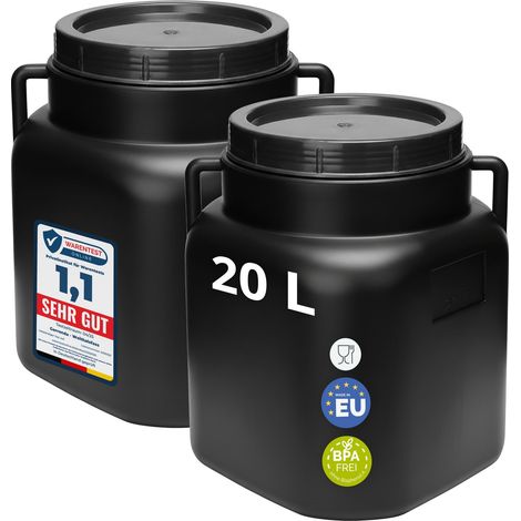 Garronda Lot de 2 fûts alimentaires carrés 20 L en HDPE sans BPA, à large ouverture avec couvercle, pour eau, aliments, choucroute et fermentation, noir GD-0134 (1/5)
