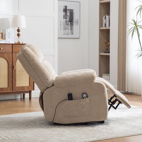 Fauteuil relax électrique multifonction avec aide au lever, massage et chaleur, dossier et repose-pieds réglables électriquement, poches latérales de rangement - Beige clair. (1/5)