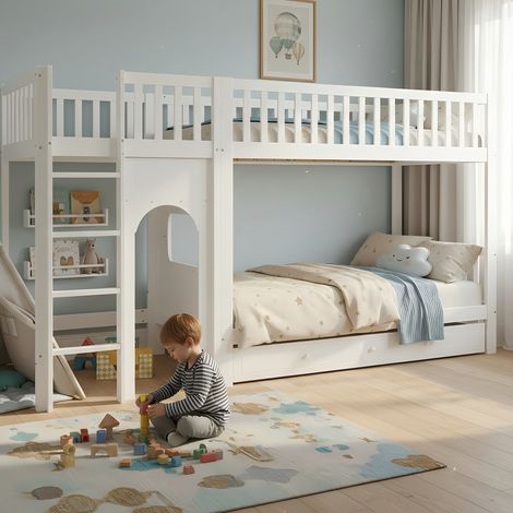 Lit superposé enfants échelle 4 marches barrières sécurité pin MDF contreplaqué blanc 90x200 cm