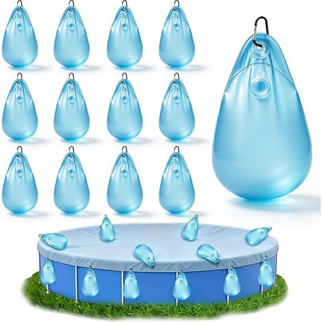 12 Pièces Sacs d'eau Lourds pour Couverture de Piscine, PVC Epais Sac de Suspension de Bâche de Piscine Etanche, Réutiliser Sac de Remplissage avec Crochets, Poids de Bâche d'hiver (35 x 24 cm) (1/5)