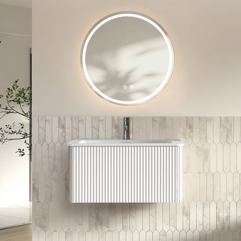 Set mobile bagno sospeso 80 cm con lavabo e specchio LED antiappannamento bianco OKWISH (1/5)