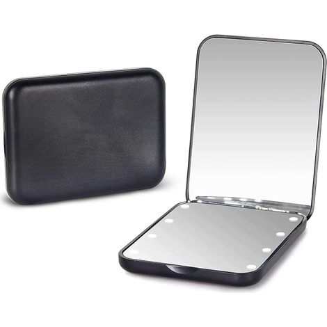 Miroir à main, miroir de maquillage de voyage LED compact avec grossissement 1x/3x, éclairage, double face, portable, pliable, miroir à main, petit miroir cadeau avec éclairage, noir. (1/5)